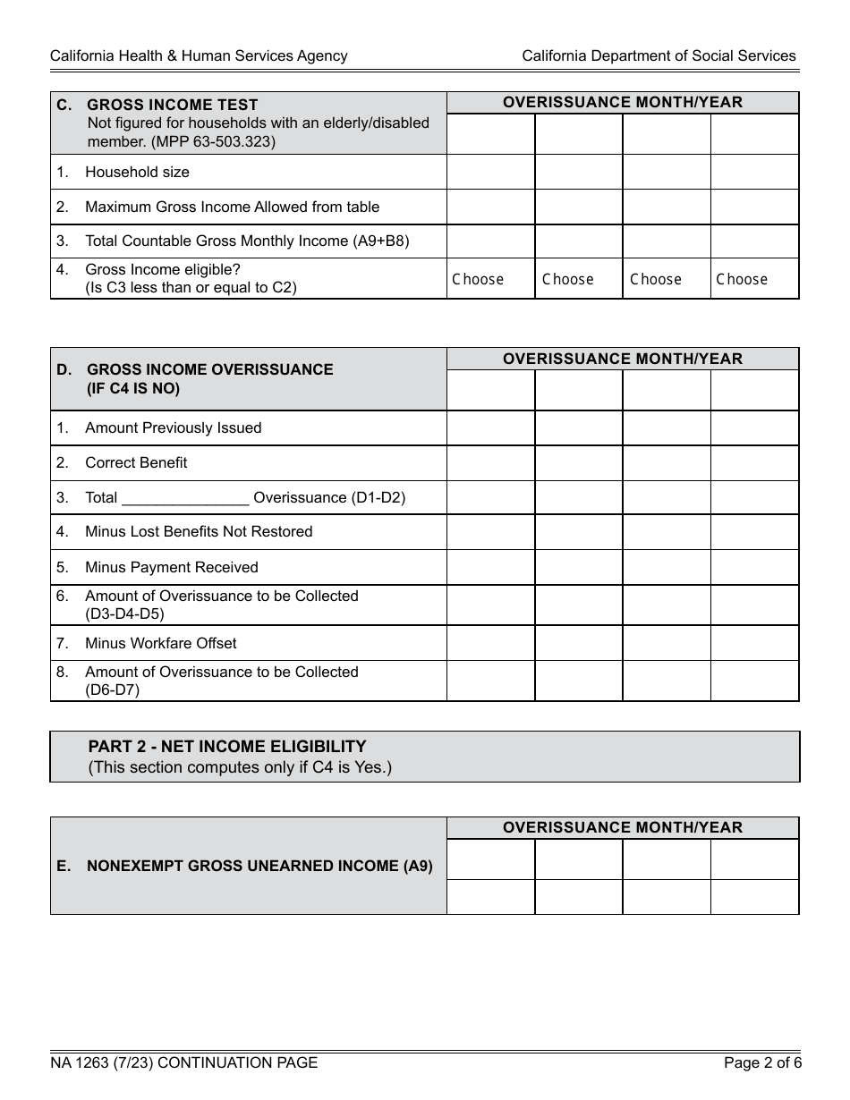 Form NA1263 CalFresh / California Food Assistance Program (Cfap) - State CalFresh Notice of Action (Continued) - California, Page 2