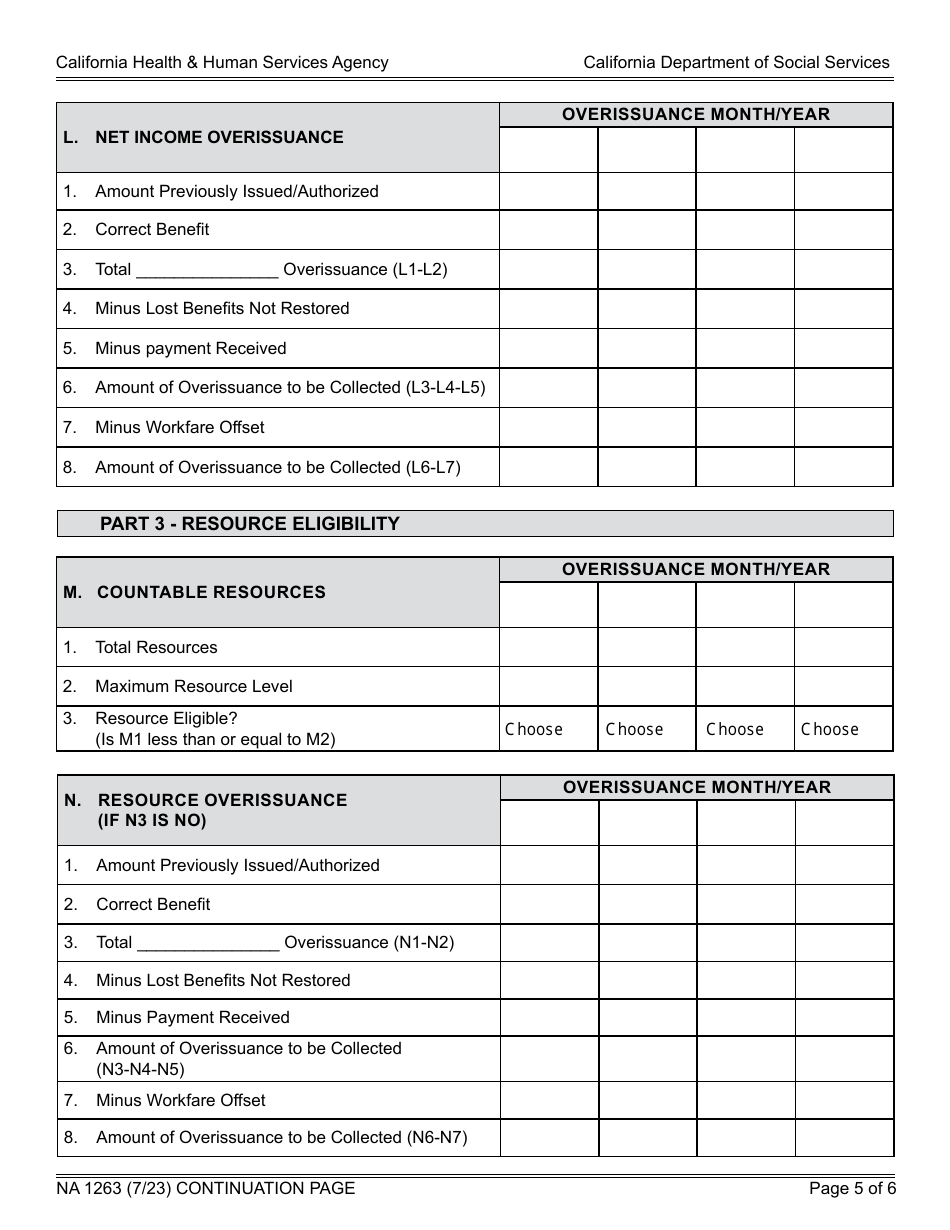 Form NA1263 CalFresh / California Food Assistance Program (Cfap) - State CalFresh Notice of Action (Continued) - California, Page 5