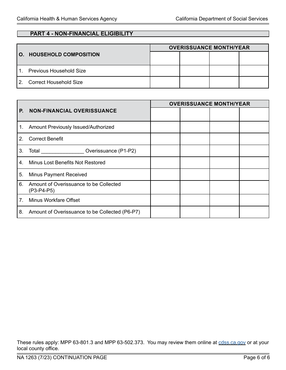 Form NA1263 CalFresh / California Food Assistance Program (Cfap) - State CalFresh Notice of Action (Continued) - California, Page 6