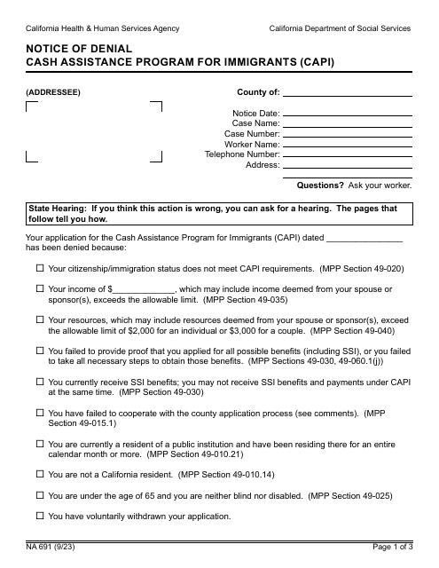 Form NA691 Notice of Denial - Cash Assistance Program for Immigrants (Capi) - California