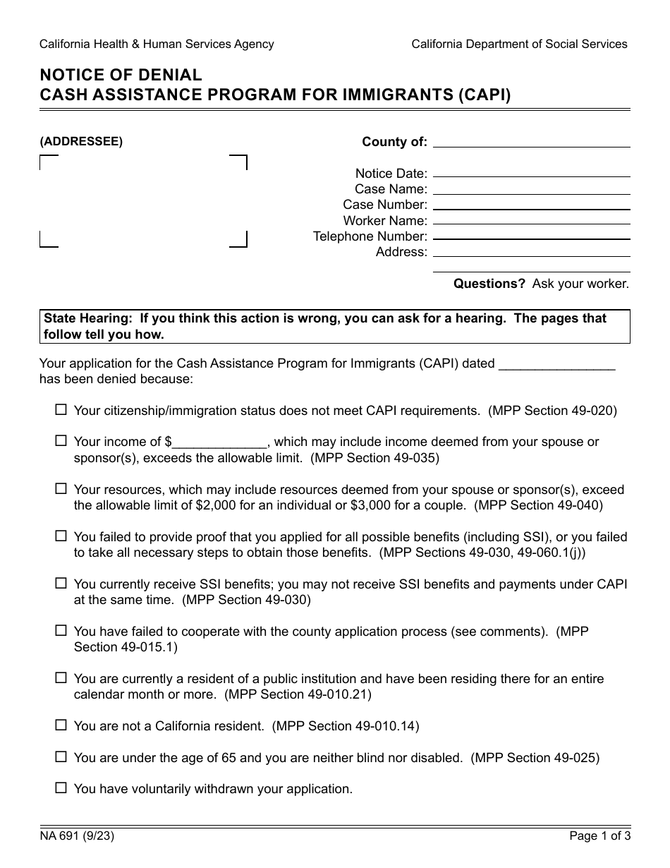 Form NA691 Download Fillable PDF or Fill Online Notice of Denial Cash