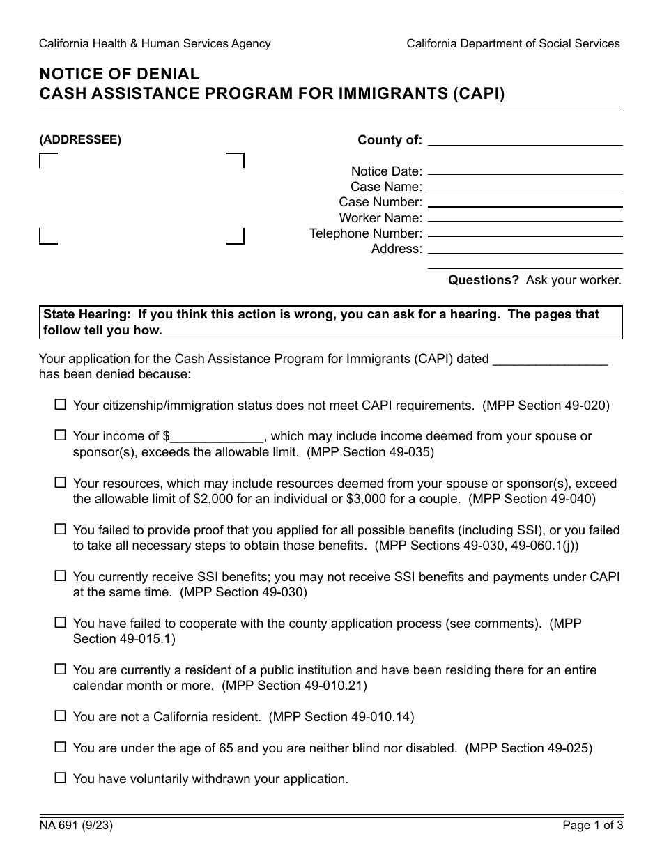 Form NA691 Notice of Denial - Cash Assistance Program for Immigrants (Capi) - California, Page 1