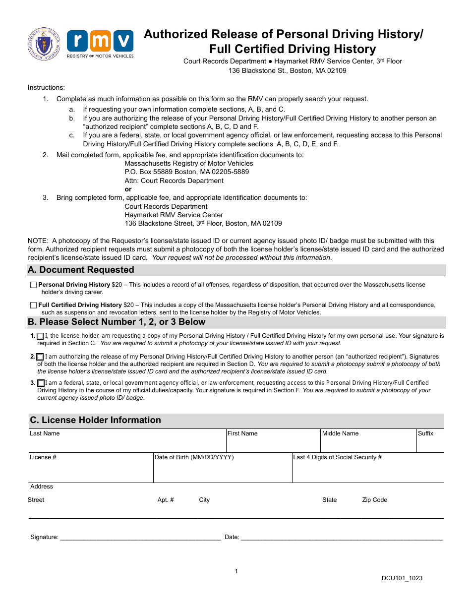 Form DCU101 Authorized Release of Personal Driving History / Full Certified Driving History - Massachusetts, Page 1