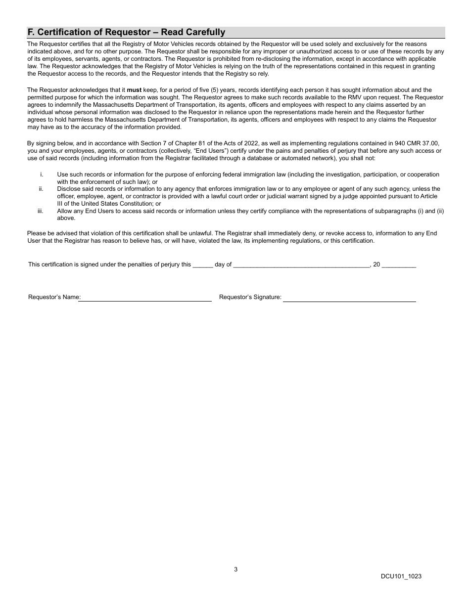 Form DCU101 Authorized Release of Personal Driving History / Full Certified Driving History - Massachusetts, Page 3