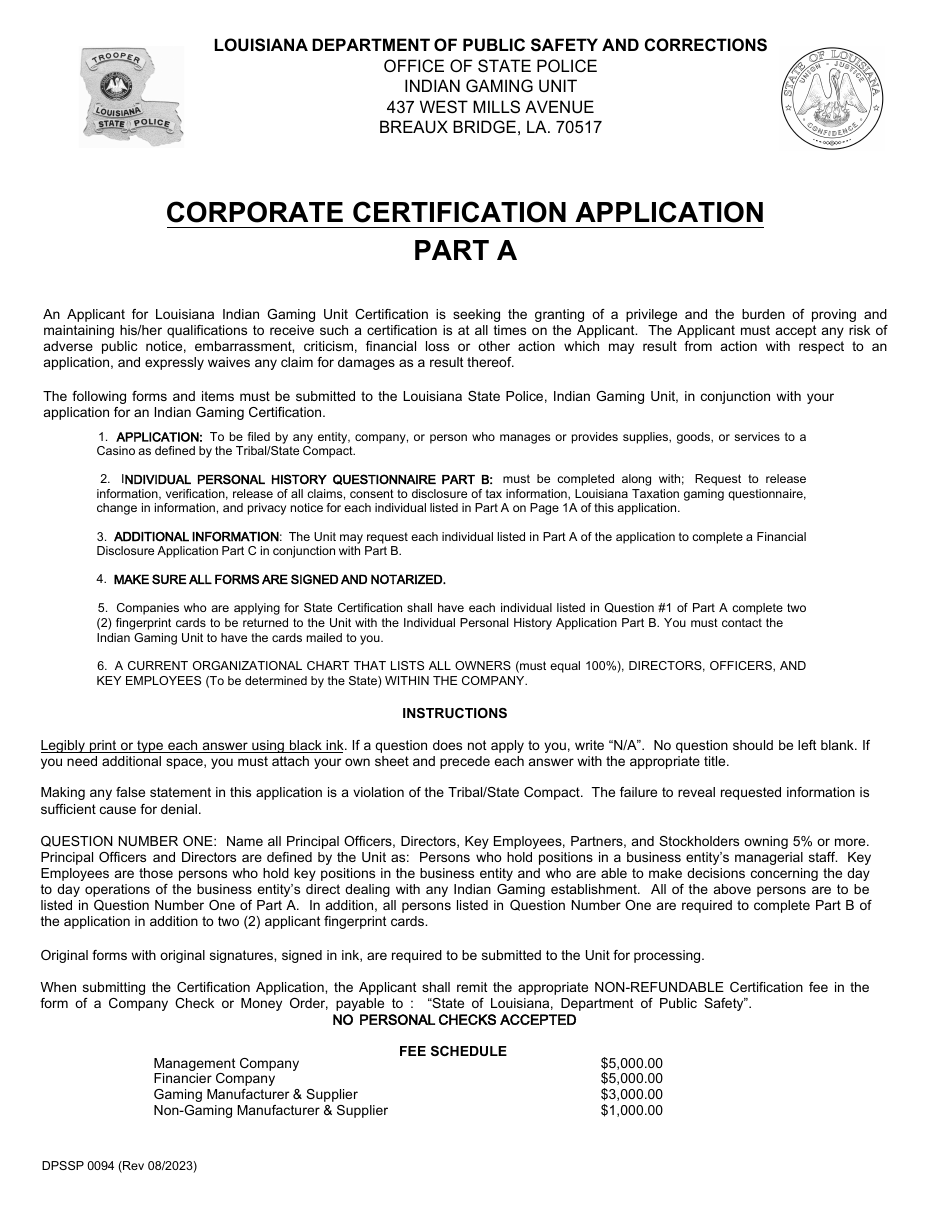 Form DPSSP0094 Part A Corporate Certification Application - Louisiana, Page 3