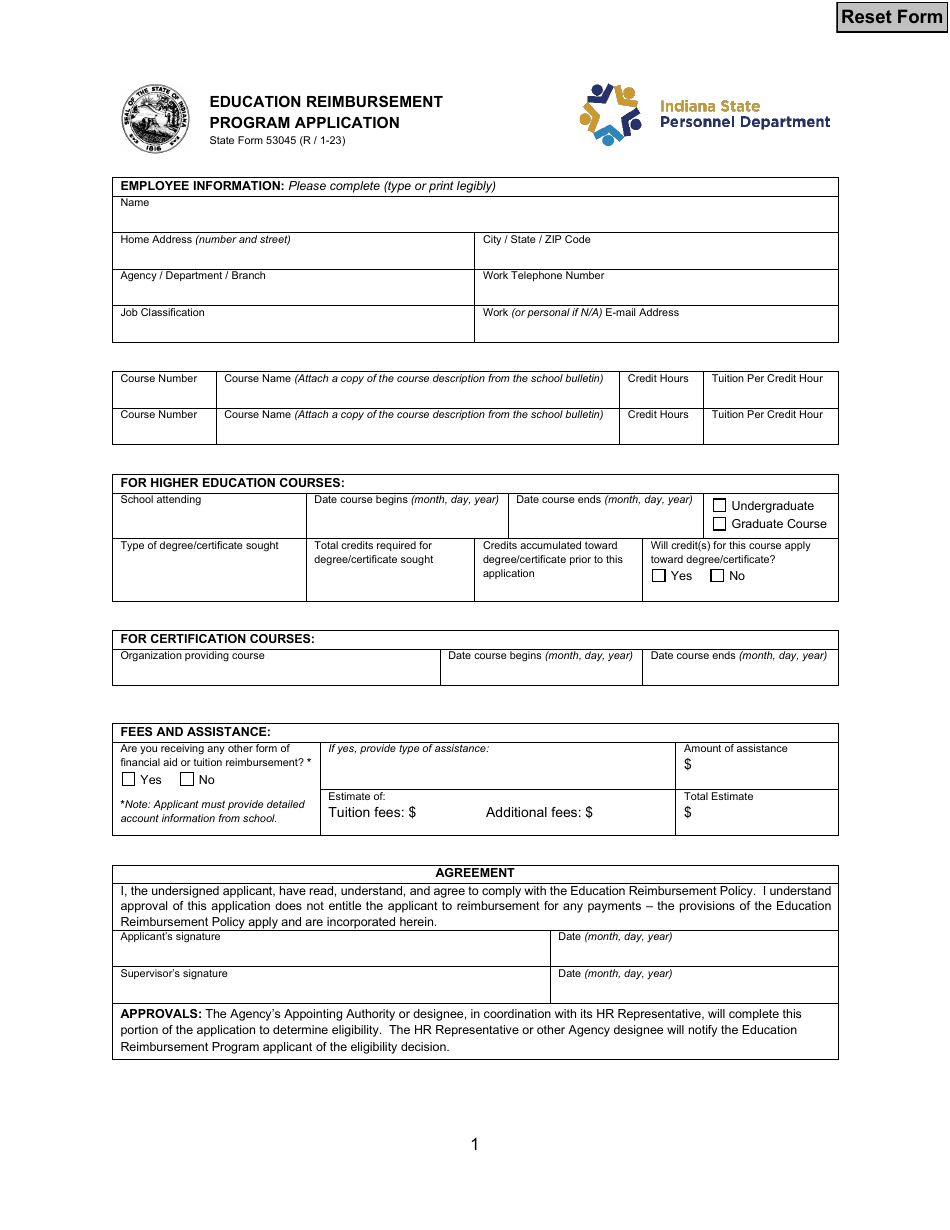 State Form 53045 Education Reimbursement Program Application - Indiana, Page 1