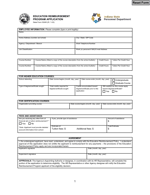 State Form 53045 Education Reimbursement Program Application - Indiana