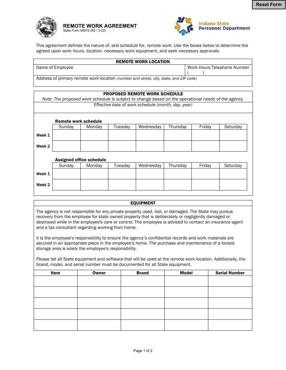 State Form 56972 Remote Work Agreement - Indiana, Page 1