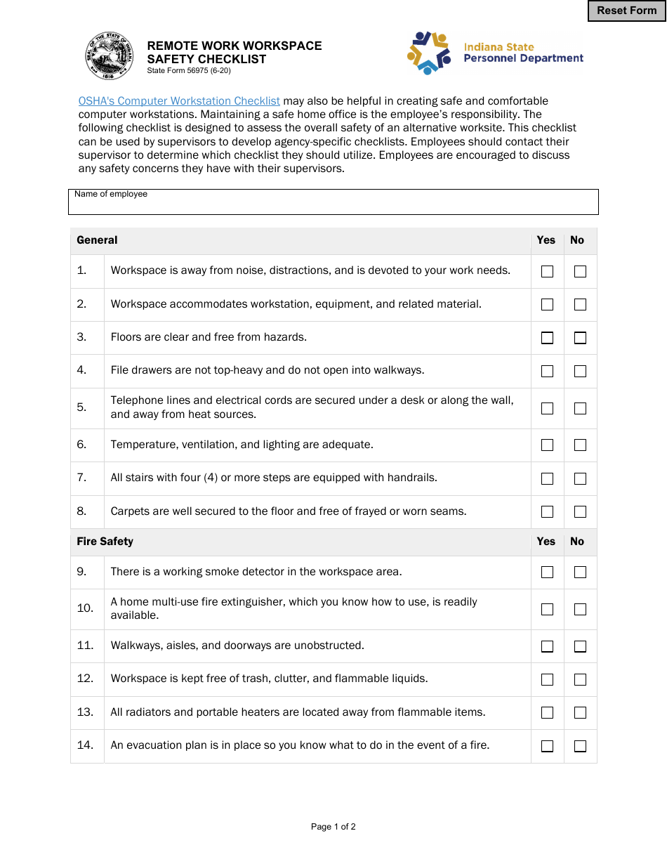 State Form 56975 Remote Work Workspace Safety Checklist - Indiana, Page 1