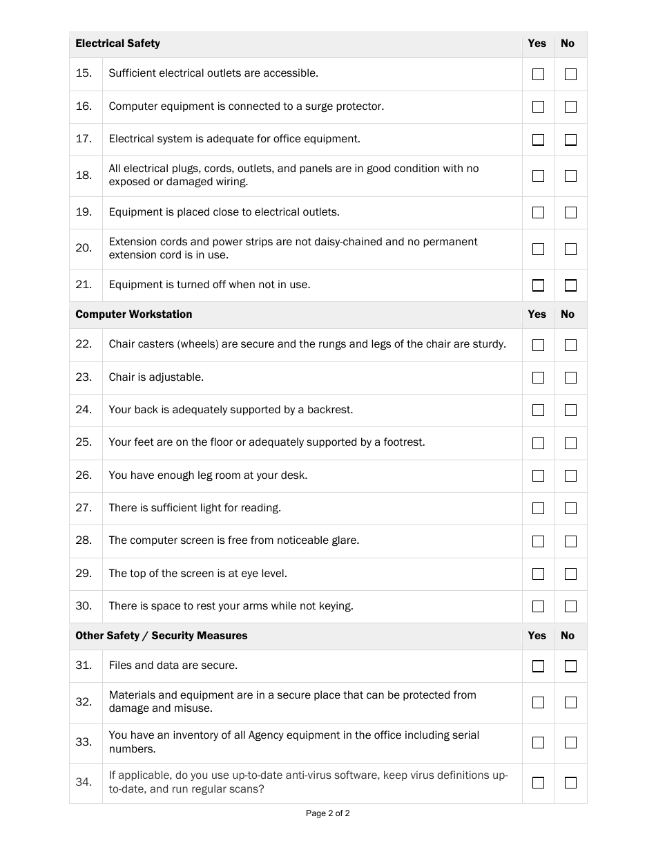 State Form 56975 Remote Work Workspace Safety Checklist - Indiana, Page 2