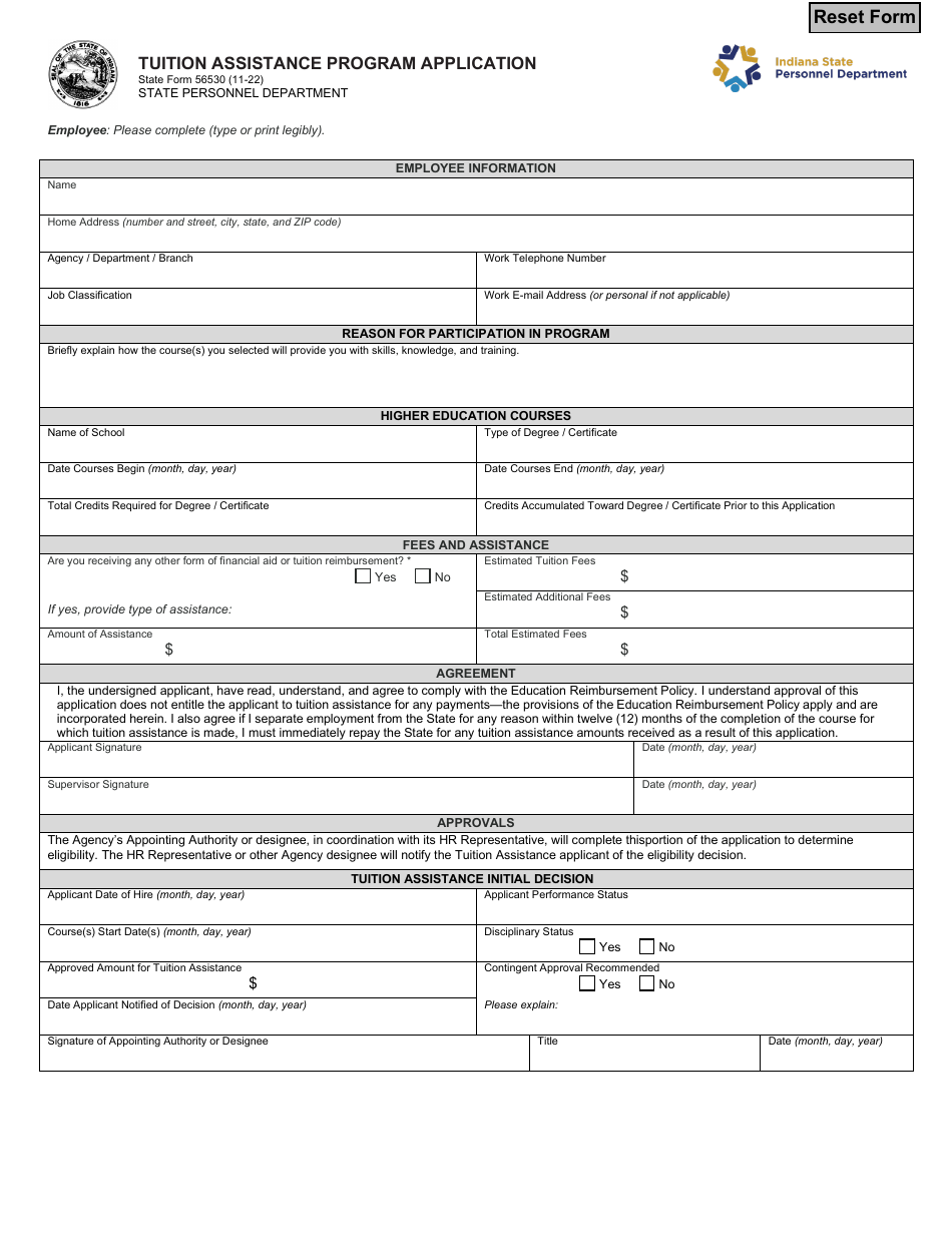 State Form 56530 Tuition Assistance Program Application - Indiana, Page 1