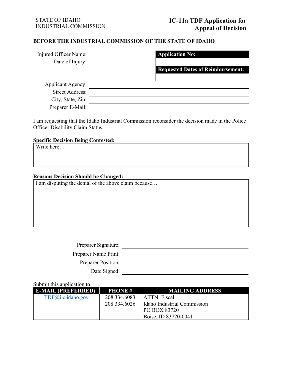 Form IC-11A Tdf Application for Appeal of Decision - Idaho, Page 1