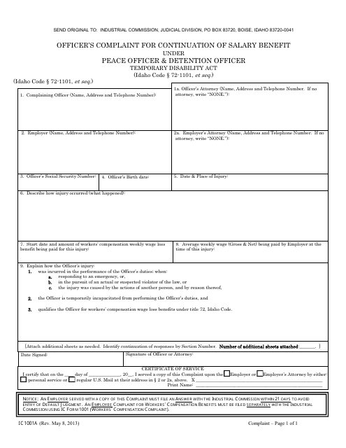 Form IC1001A Officer's Complaint for Continuation of Salary Benefit Under Peace Officer & Detention Officer Temporary Disability Act - Idaho