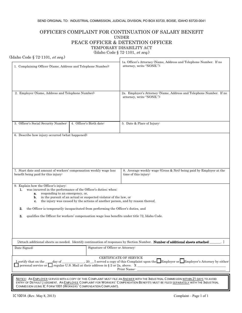 Form IC1001A Officers Complaint for Continuation of Salary Benefit Under Peace Officer  Detention Officer Temporary Disability Act - Idaho, Page 1