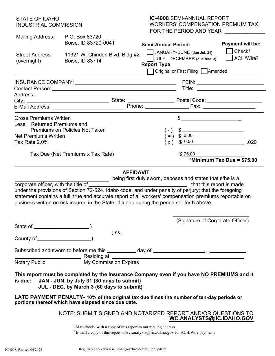 Form IC-4008 Semi-annual Report - Workers Compensation Premium Tax - Idaho, Page 1