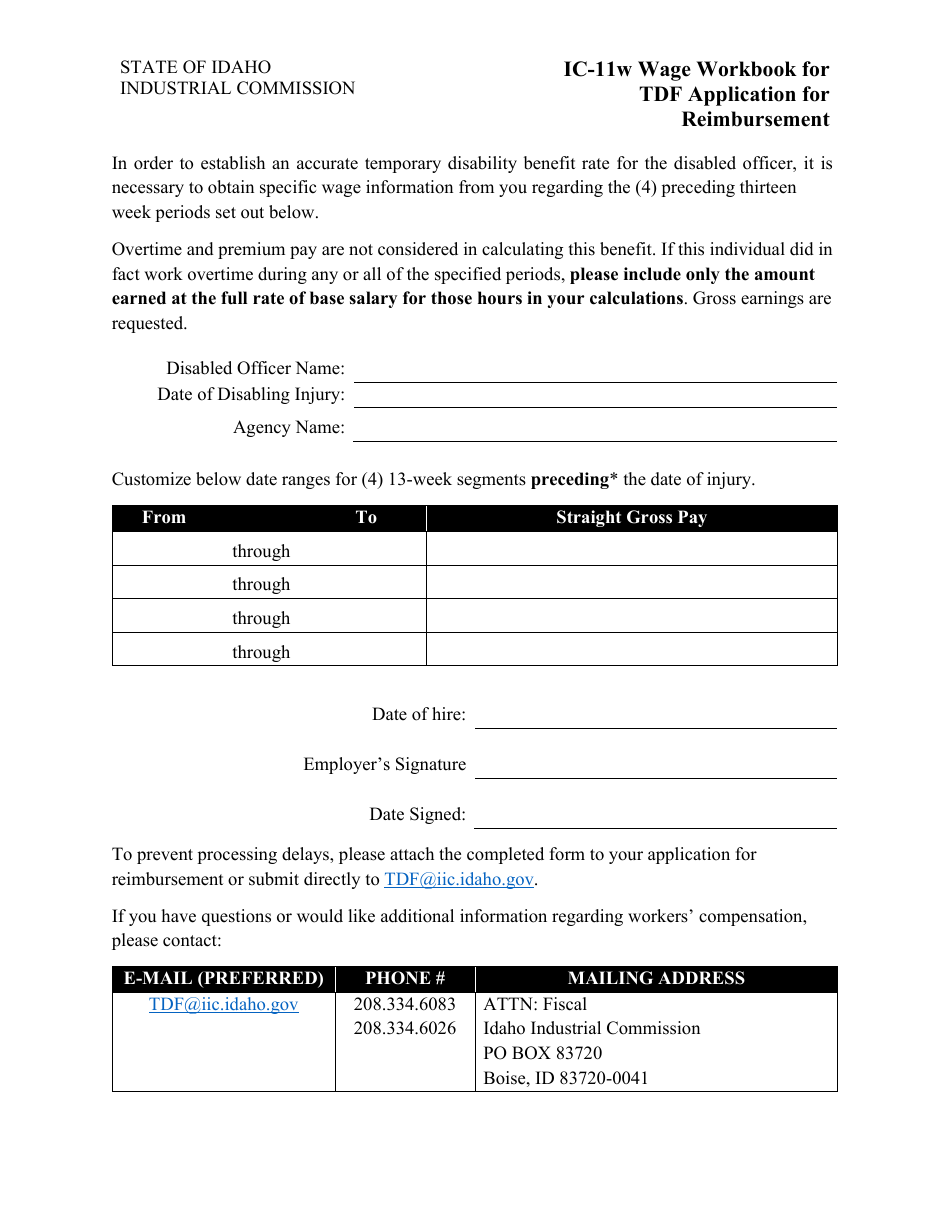 Form IC-11W Wage Workbook for Tdf Application for Reimbursement - Idaho, Page 1