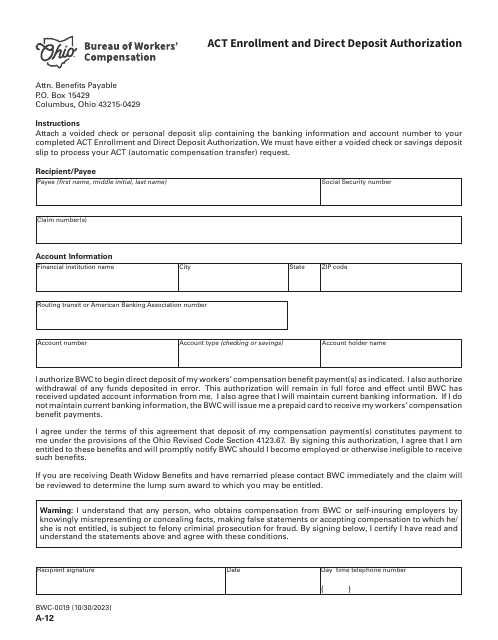 Form A-12 (BWC-0019) Act Enrollment and Direct Deposit Authorization - Ohio