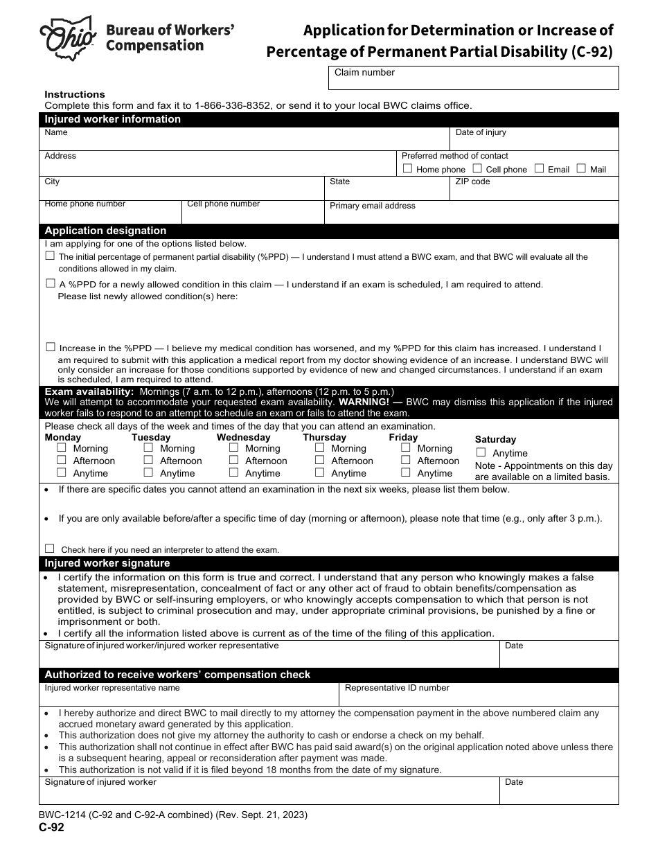 Form C-92 (BWC-1214) Application for Determination or Increase of Percentage of Permanent Partial Disability - Ohio, Page 1