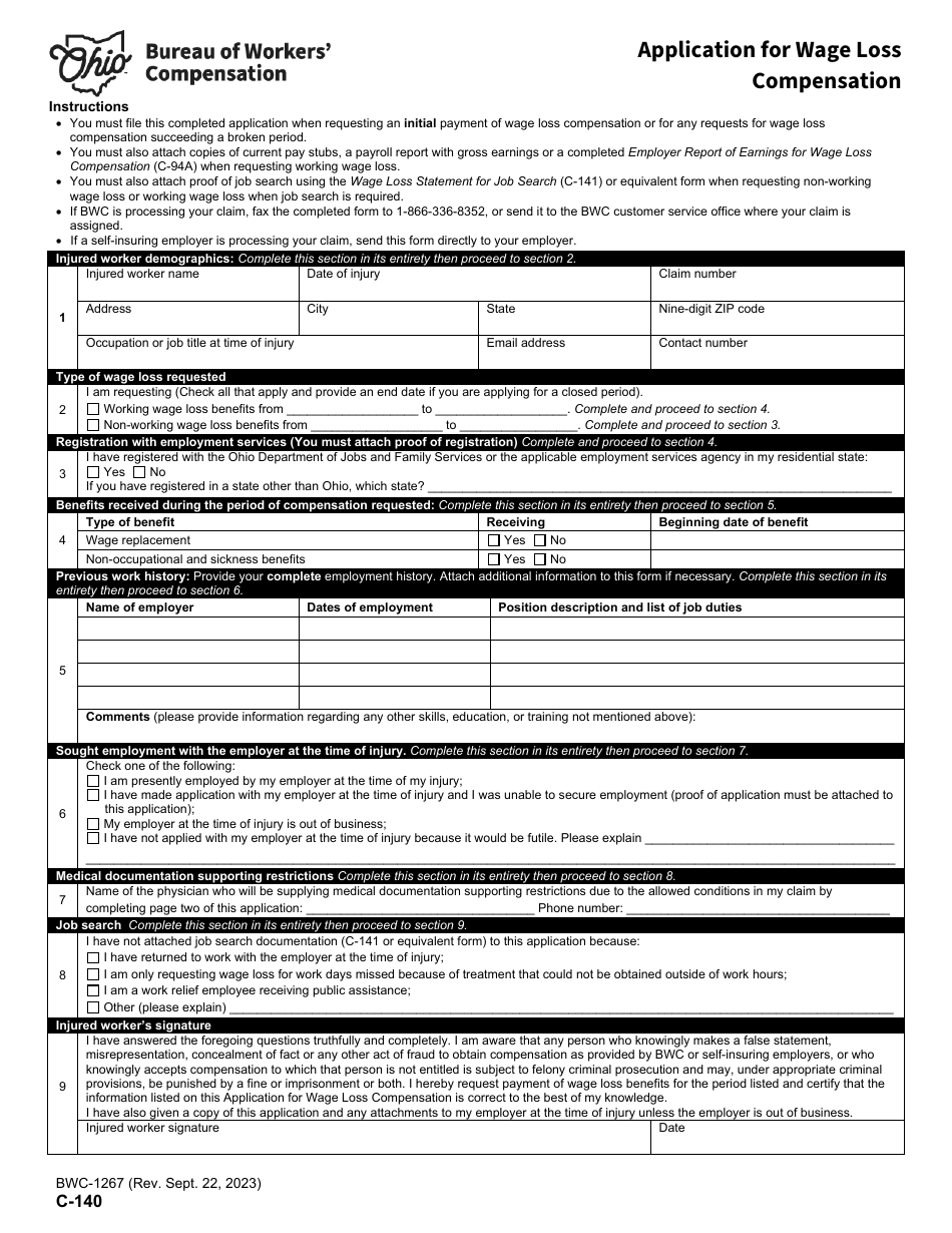 Form C-140 (BWC-1267) Application for Wage Loss Compensation - Ohio, Page 1