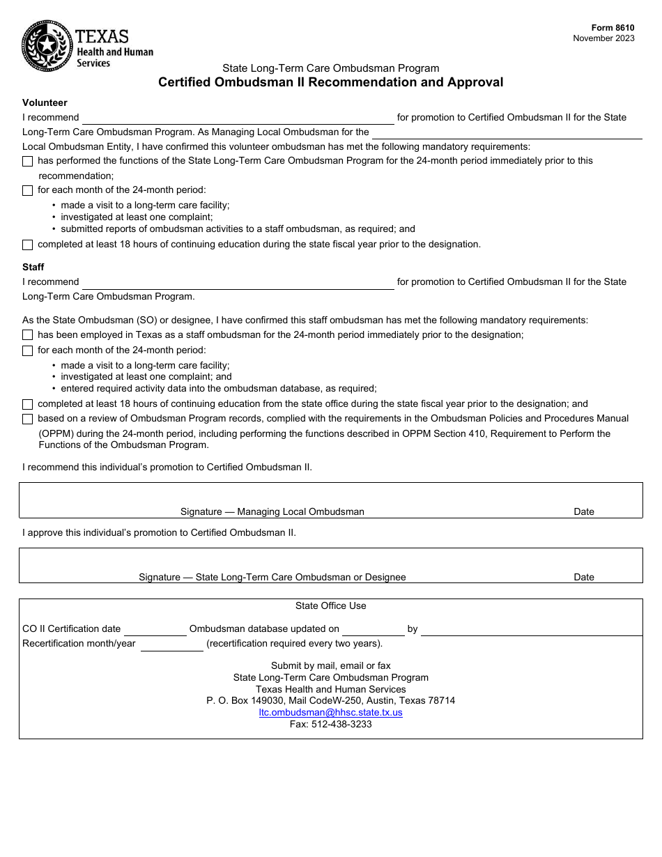 Form 8610 Certified Ombudsman II Recommendation and Approval - State Long-Term Care Ombudsman Program - Texas, Page 1