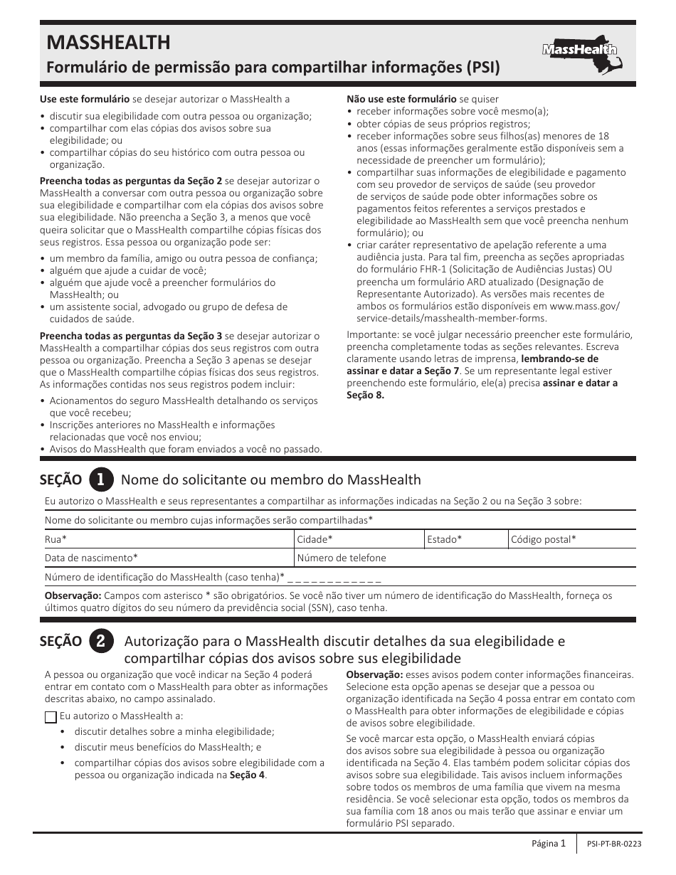 Form PSI Permission to Share Information (Psi) Form - Massachusetts (Portuguese), Page 1