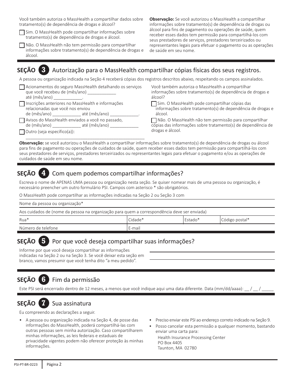 Form PSI Permission to Share Information (Psi) Form - Massachusetts (Portuguese), Page 2