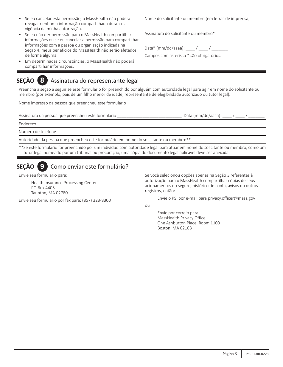 Form PSI Permission to Share Information (Psi) Form - Massachusetts (Portuguese), Page 3