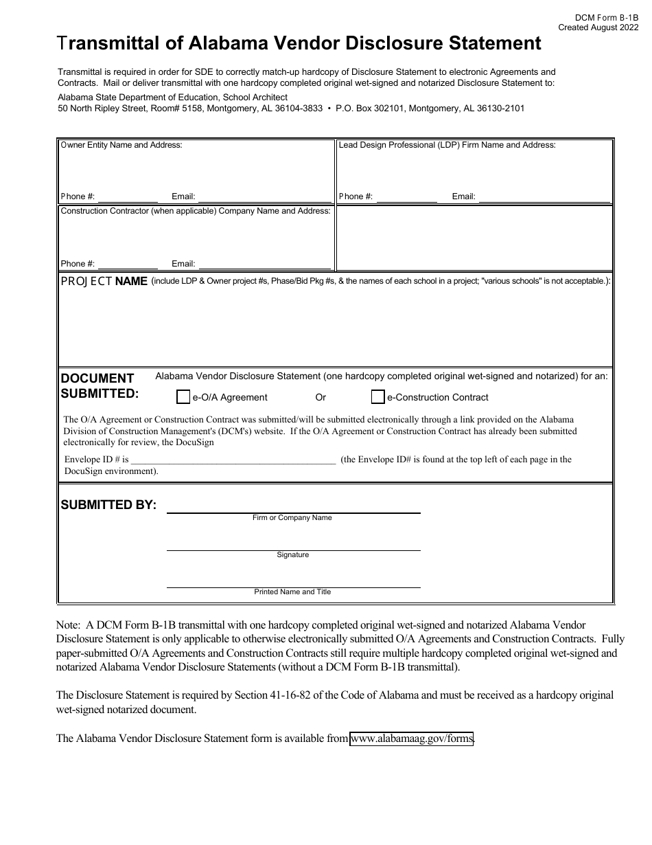 DCM Form B-1B Transmittal of Alabama Vendor Disclosure Statement - Alabama, Page 1