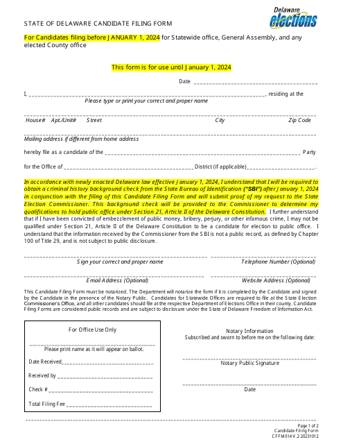 Form CFFM014 Candidate Filing Form for Statewide Office, General Assembly, and Any Elected County Office - Delaware, 2024