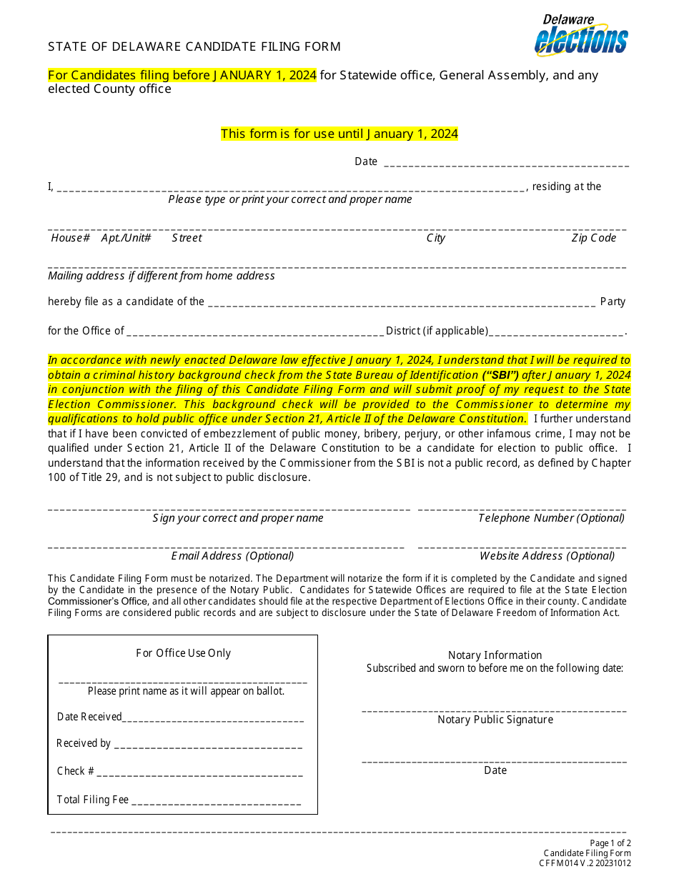 Form CFFM014 Candidate Filing Form for Statewide Office, General Assembly, and Any Elected County Office - Delaware, Page 1