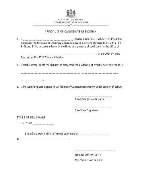 Affidavit of Candidate Residency - Delaware