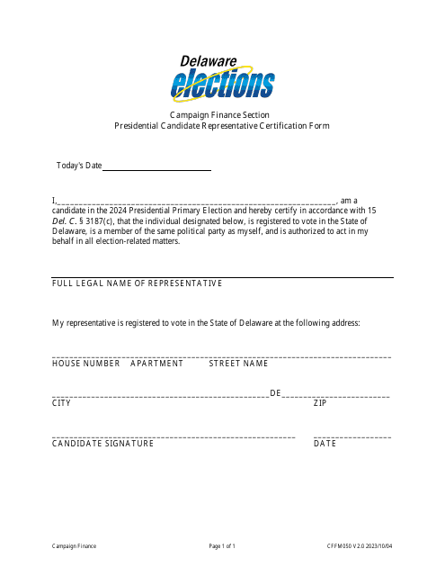 Form CFFM050 Presidential Candidate Representative Certification Form - Delaware