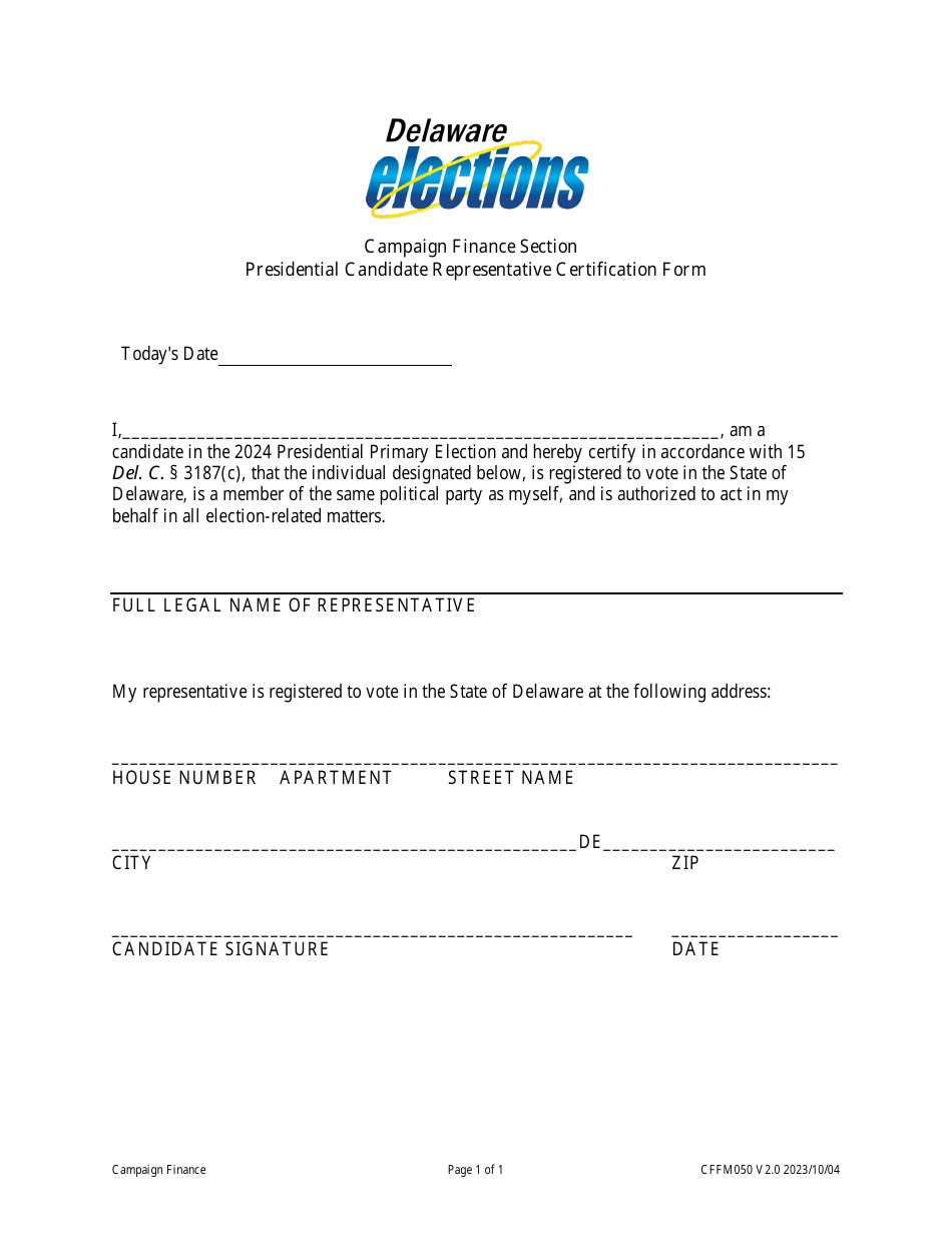 Form CFFM050 Presidential Candidate Representative Certification Form - Delaware, Page 1