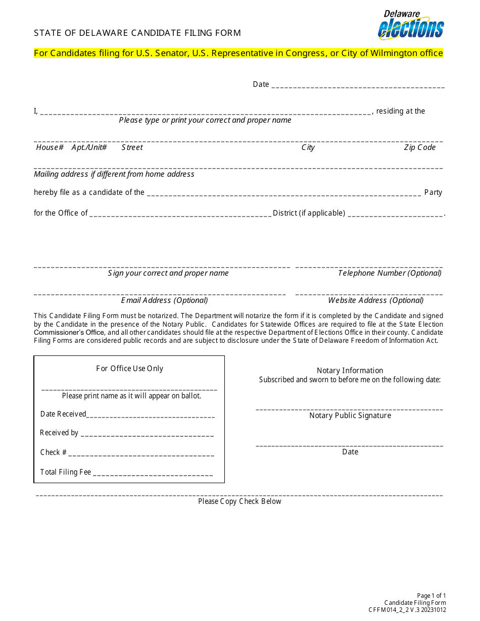 Form CFFM014 State of Delaware Candidate Filing Form for Candidates Filing for U.S. Senator, U.S. Representative in Congress, or City of Wilmington Office - Delaware, Page 1