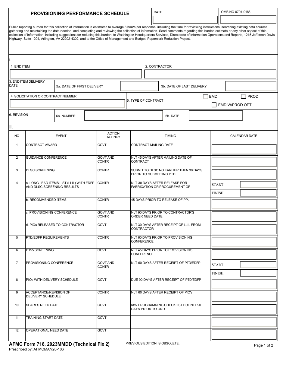AFMC Form 718 Provisioning Performance Schedule, Page 1