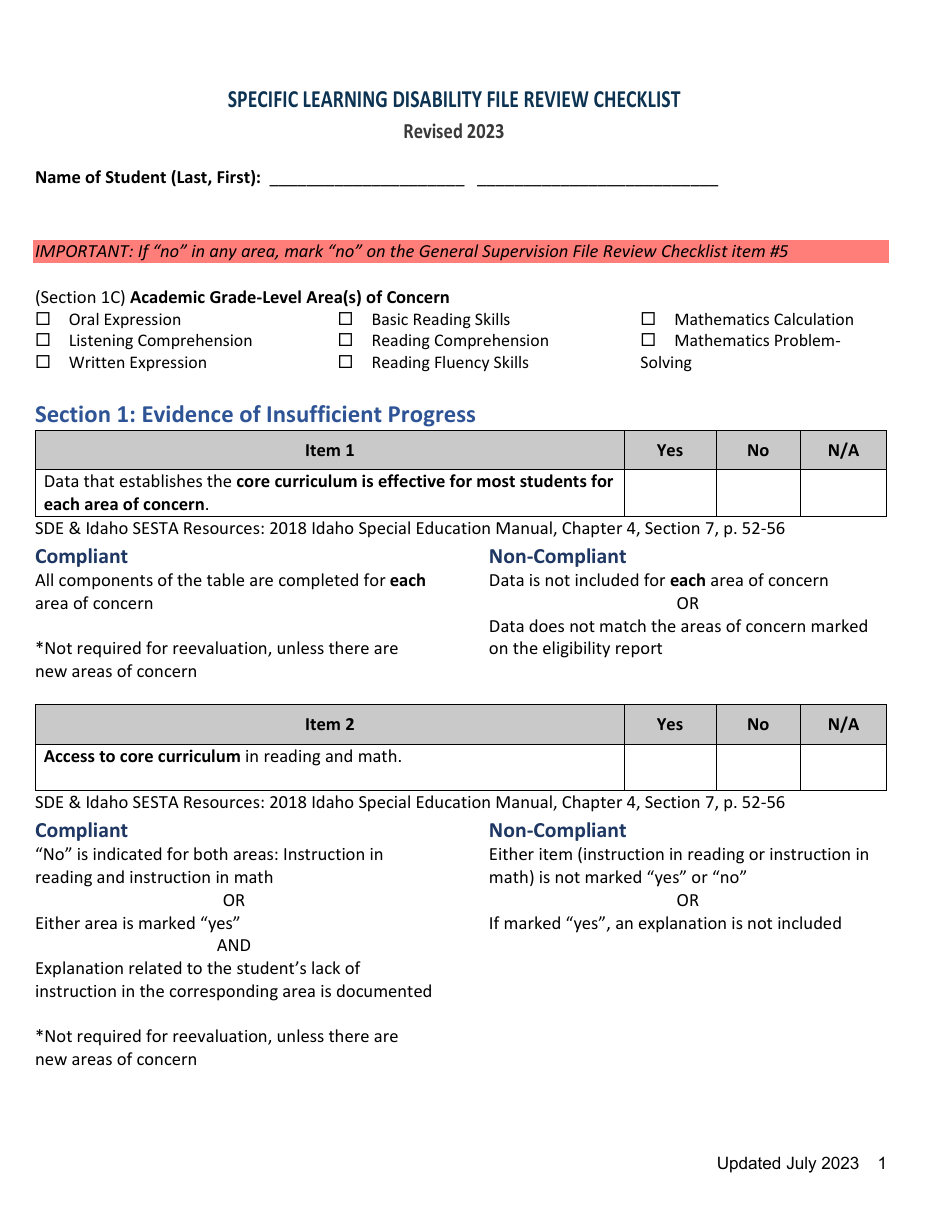 Specific Learning Disability File Review Checklist - Idaho, Page 1