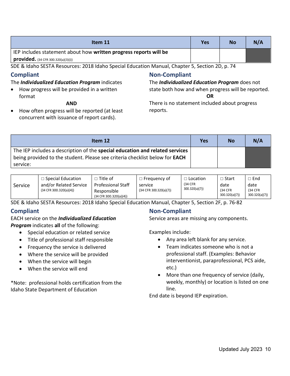 General Supervision File Review Checklist - Idaho, Page 10