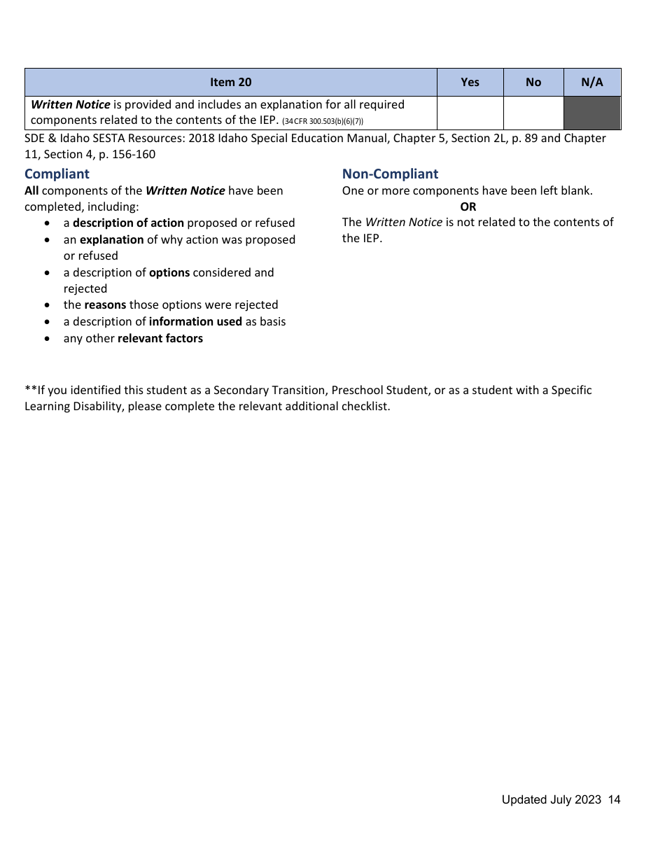 General Supervision File Review Checklist - Idaho, Page 14