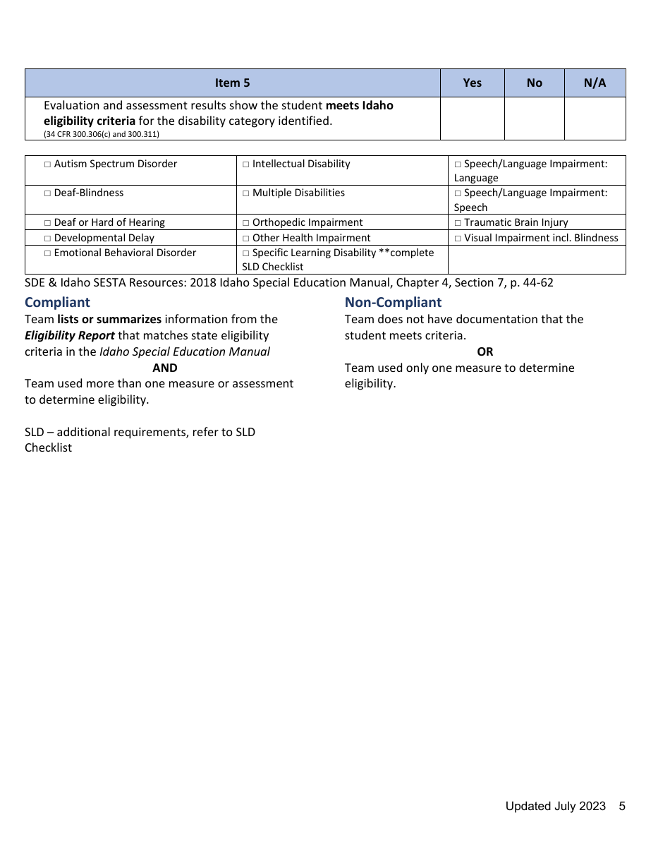 General Supervision File Review Checklist - Idaho, Page 5