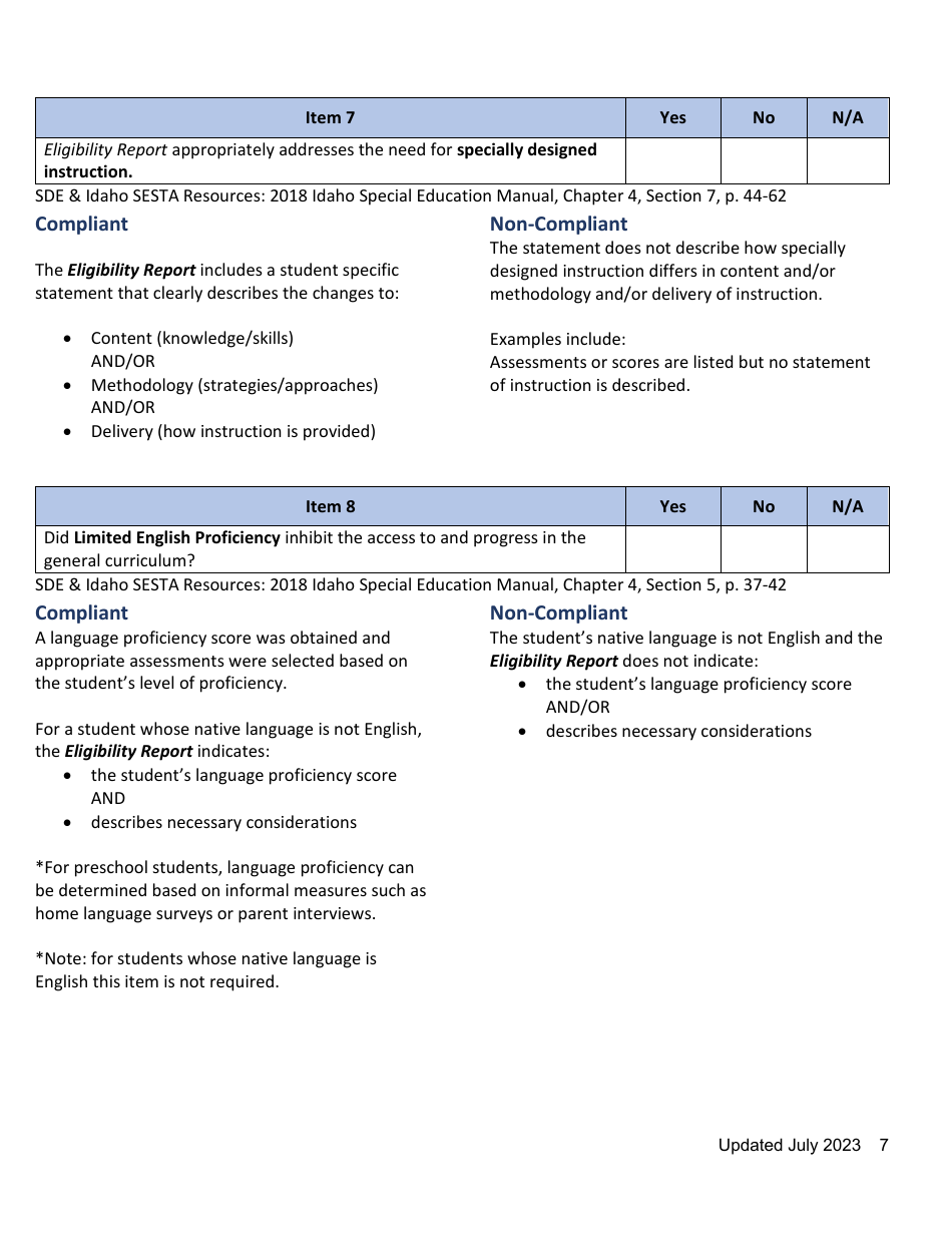 Idaho general supervision file review checklist download printable pdf