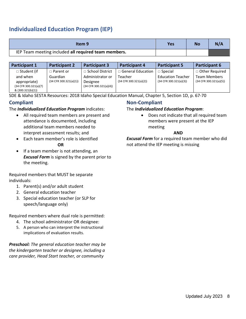 General Supervision File Review Checklist - Idaho, Page 8