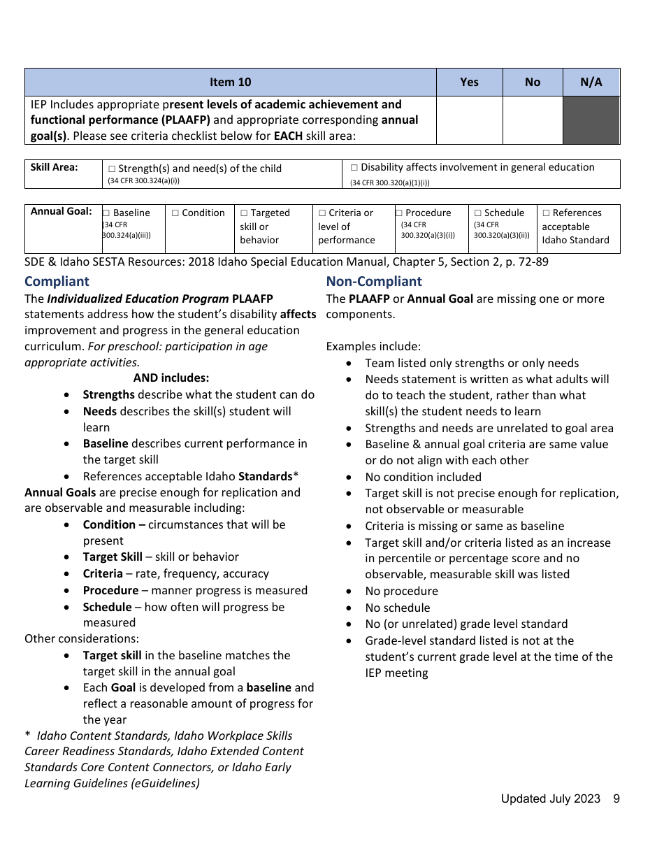 General Supervision File Review Checklist - Idaho, Page 9