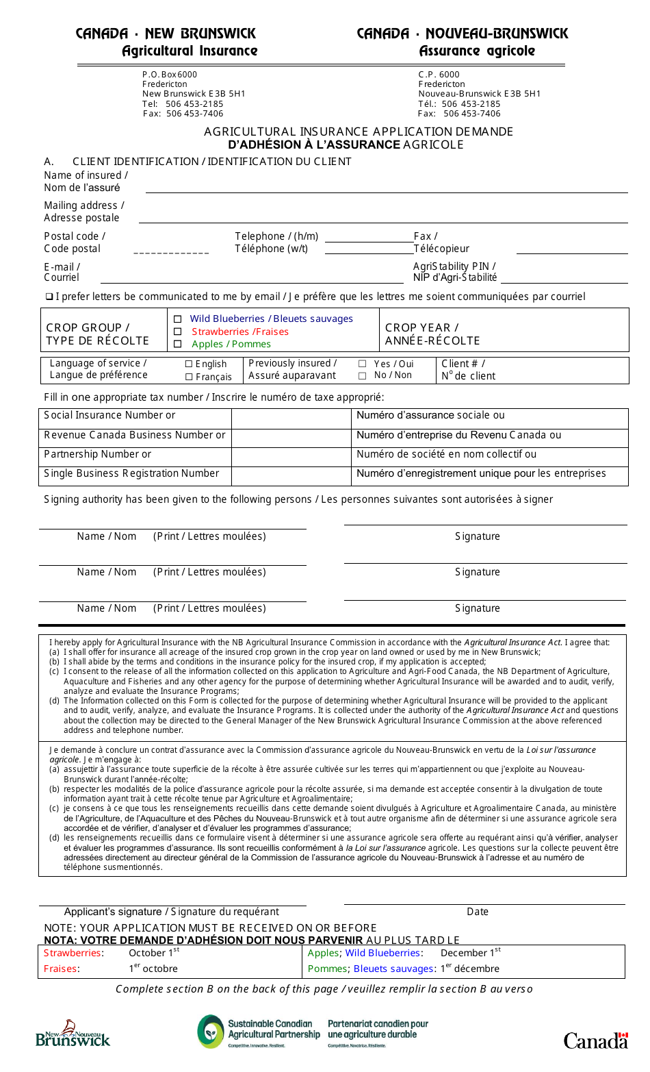 Agricultural Insurance Application - Wild Blueberries / Strawberries / Apples - New Brunswick, Canada (English / French), Page 1