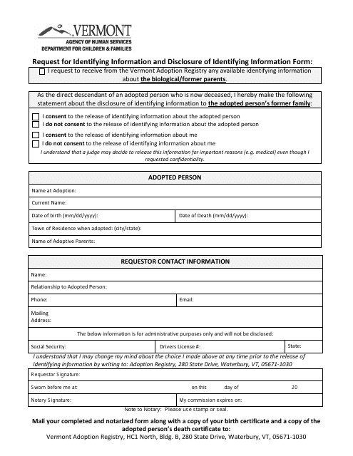 Request for Identifying Information and Disclosure of Identifying Information Form - Adult Descendant of Adopted Person Who Is Now Deceased - Vermont