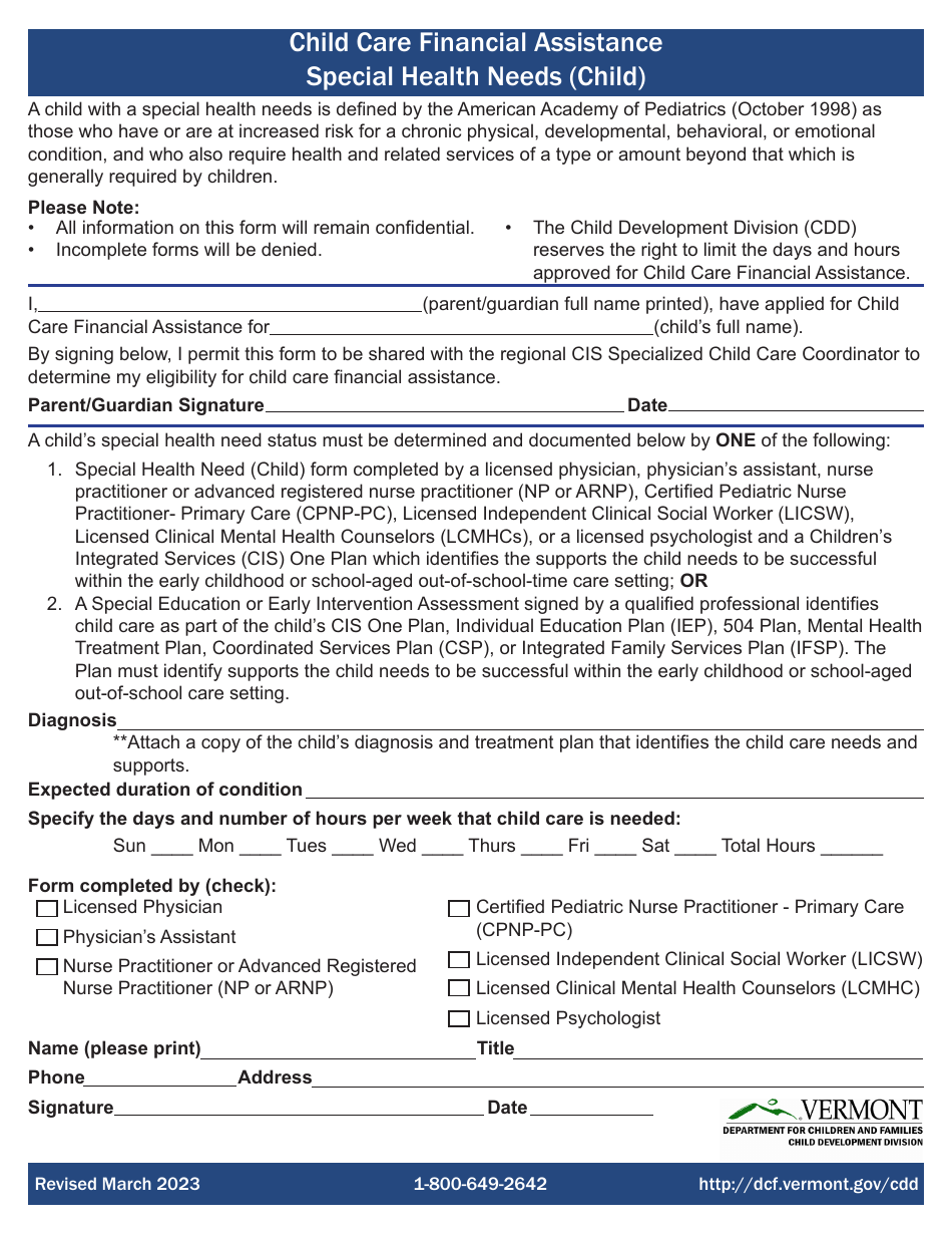 Child Care Financial Assistance Special Health Needs (Child) - Vermont, Page 1