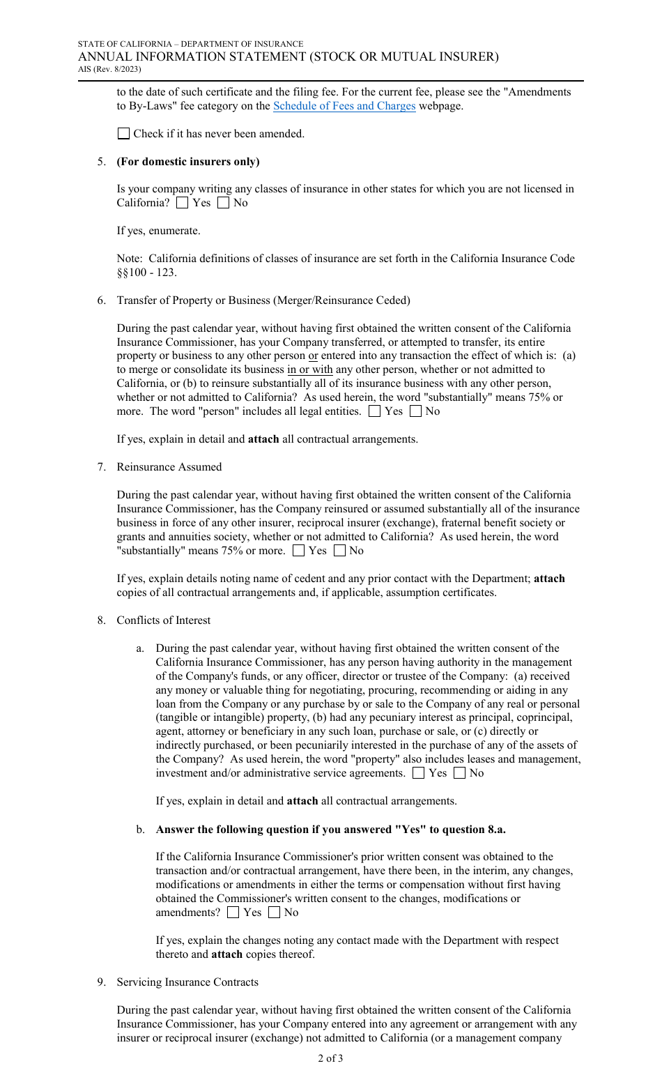 Form AIS Annual Information Statement (Stock or Mutual Insurer) - California, Page 2