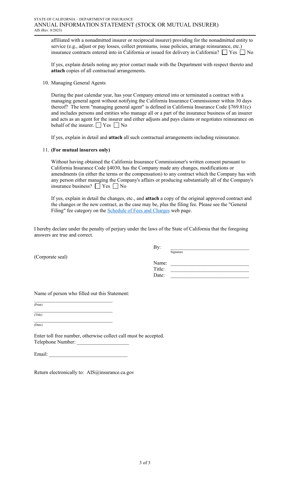 Form AIS Annual Information Statement (Stock or Mutual Insurer) - California, Page 3