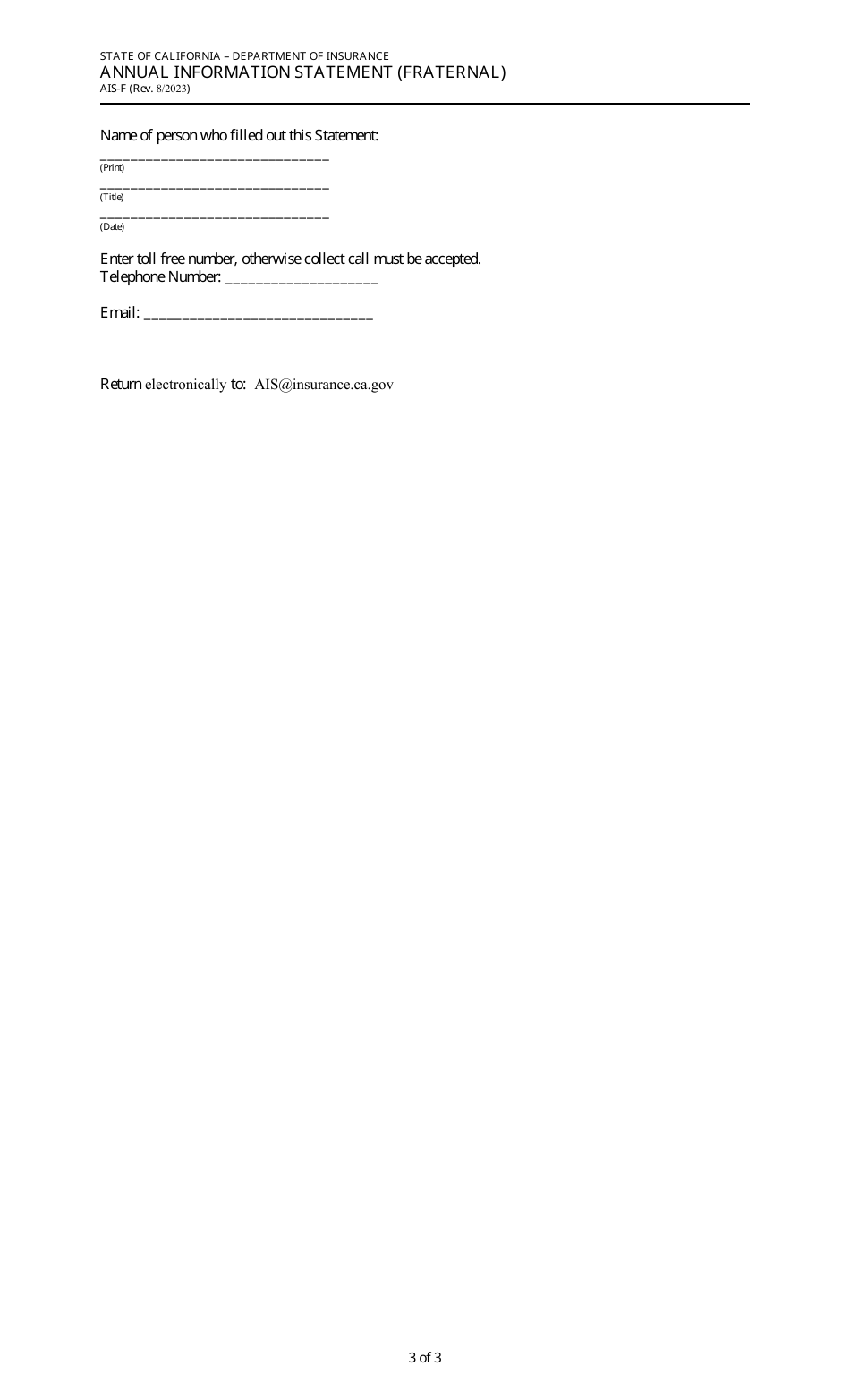 Form AIS-F Annual Information Statement (Fraternal) - California, Page 3