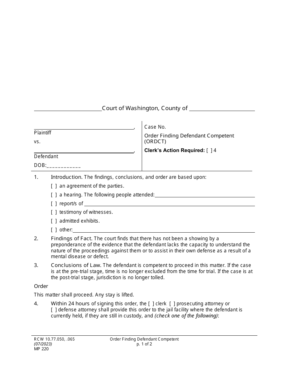 Form MP220 Order Finding Defendant Competent - Washington, Page 1