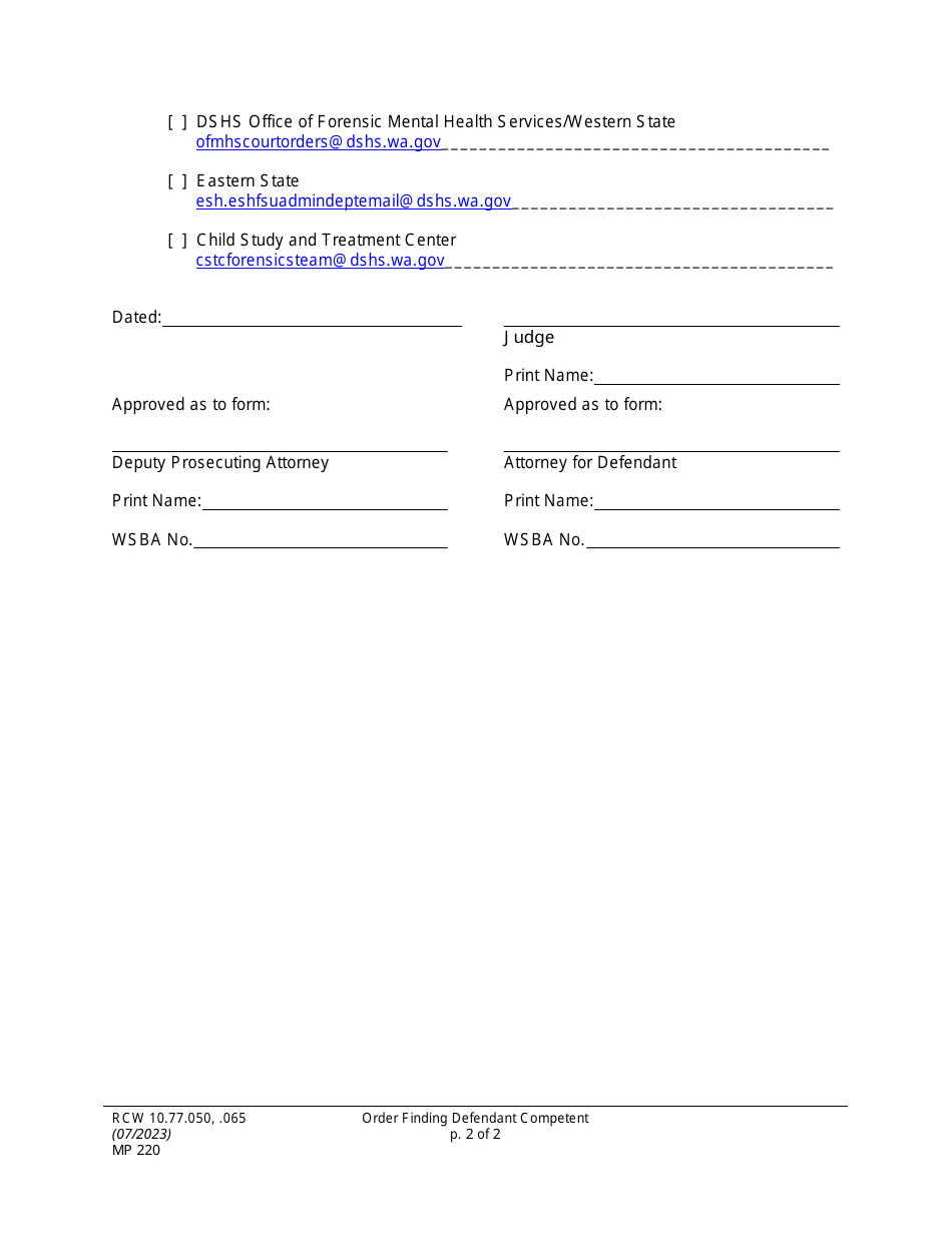 Form MP220 Order Finding Defendant Competent - Washington, Page 2